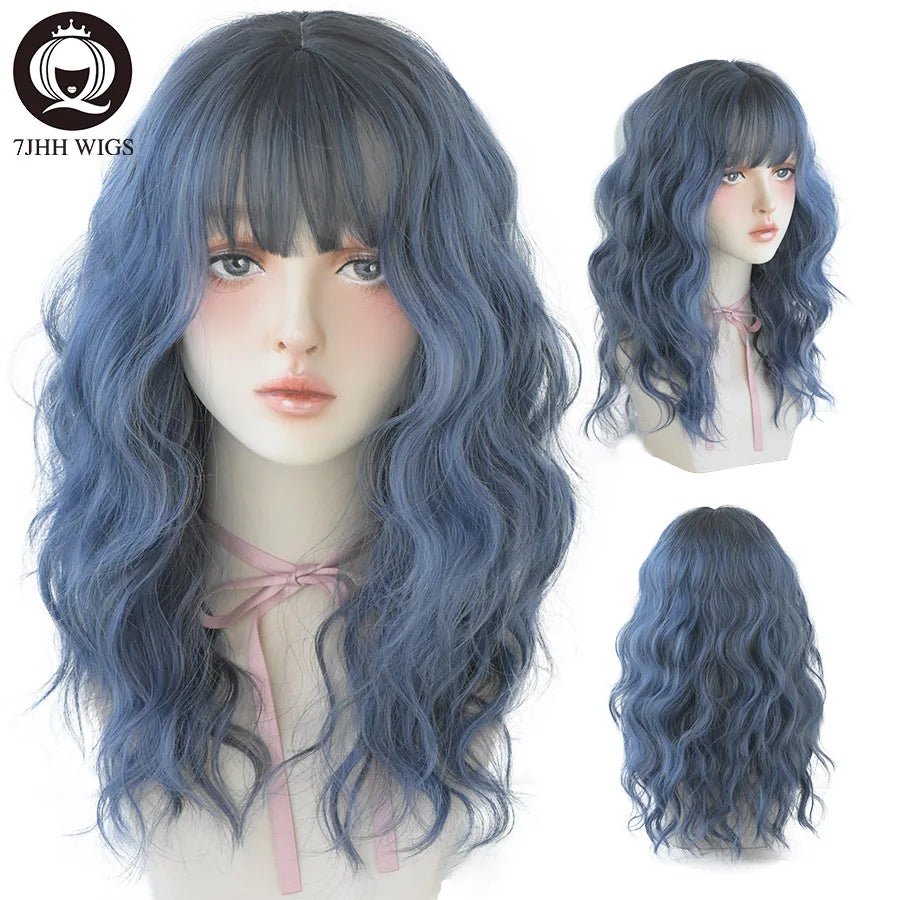 7JHH WIGS Blue Deep Wave With Bangs For Women Long Omber Brown Hair